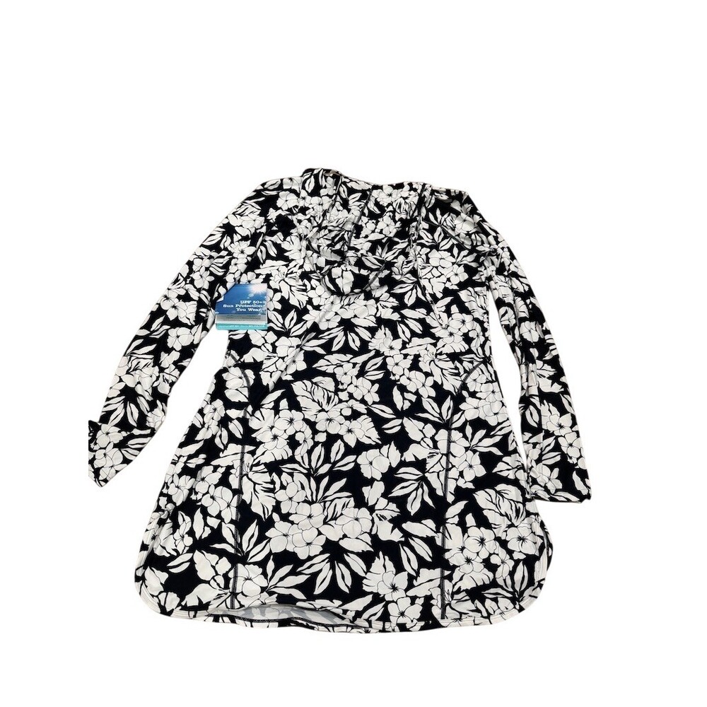 Coolibar Swim Cover-Up Dress Womens M Black White Floral Hooded UPF 50+ - Picture 2 of 7